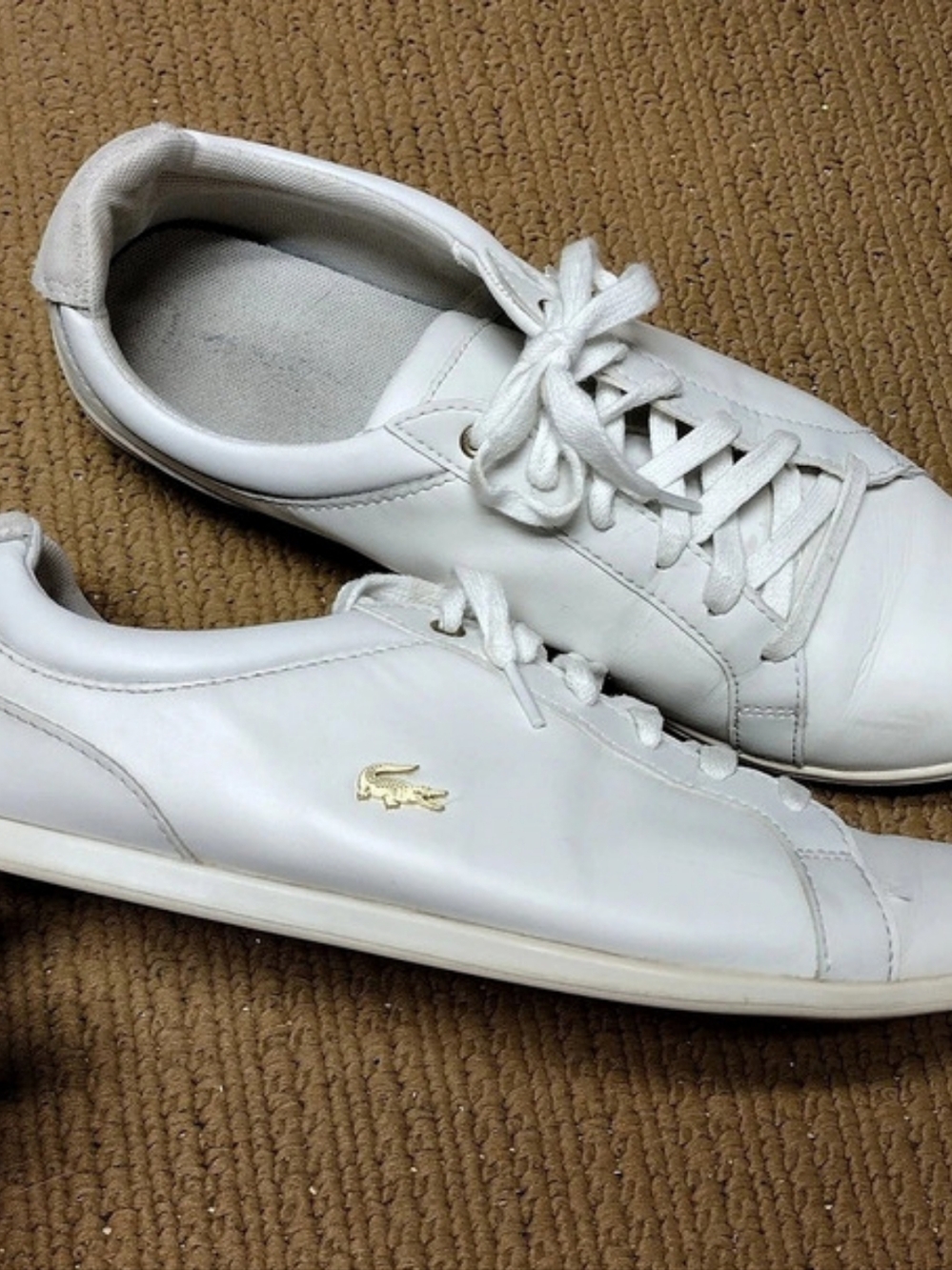 White Leather Lacoste Rey Lace Sneakers US 9 Metallic Gold-tone Crocodile Logo